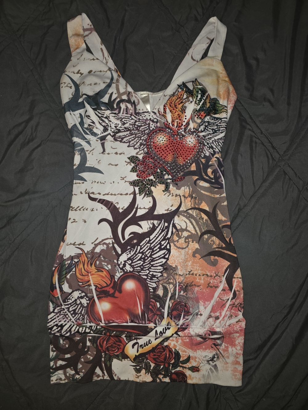 White Rhinestone Multi-Color Graphic Bodycon Top with Heart & Wing Tattoo